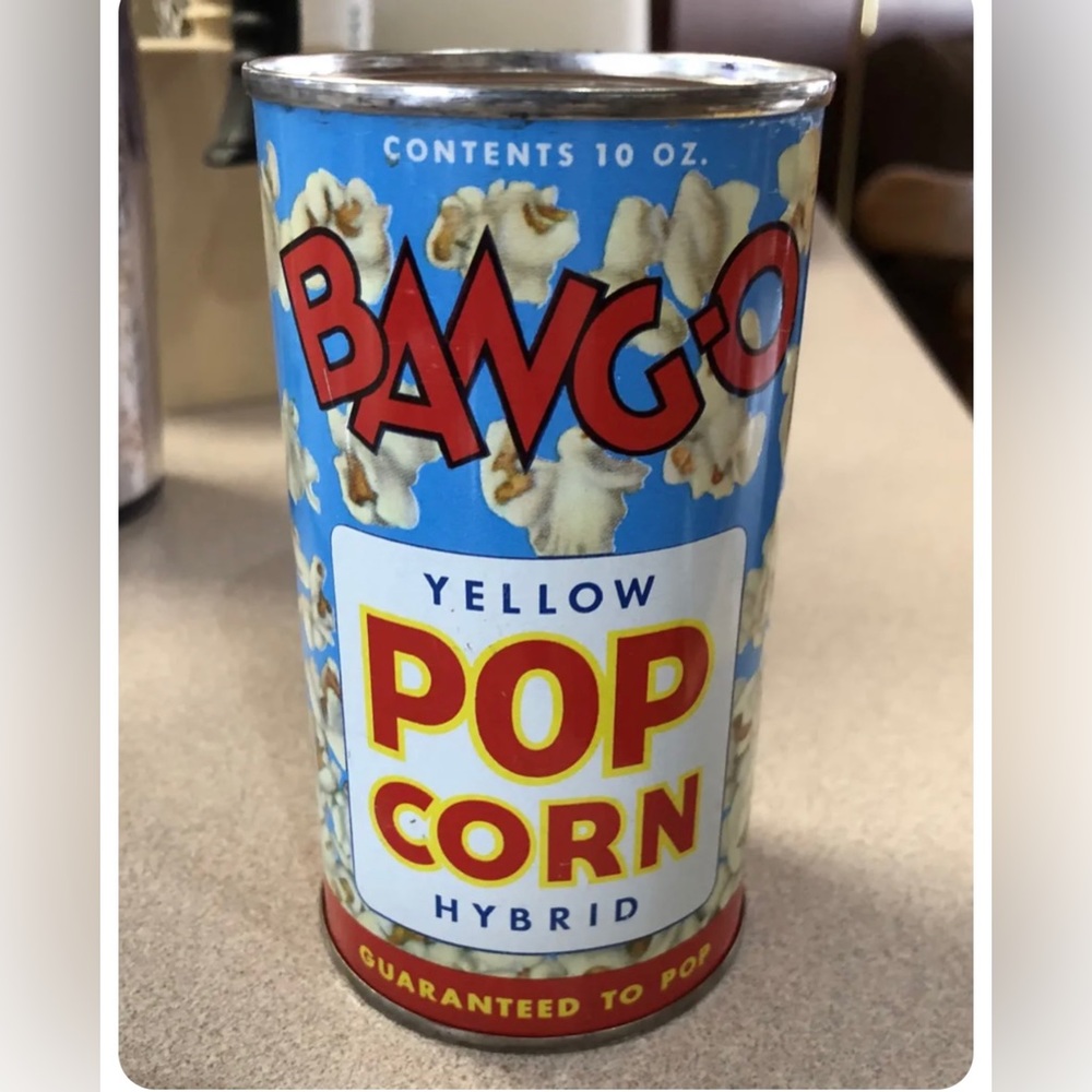 Vintage BANG-O Popcorn Advertising Tin Litho Can FULL & UNOPENED Excellent Shape